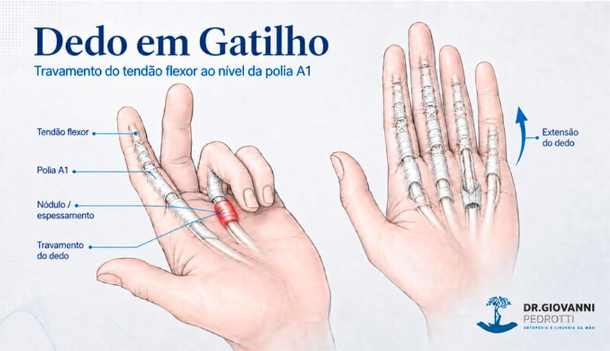 Ilustração anatômica do dedo em gatilho mostrando travamento do tendão flexor na polia A1, nódulo ou espessamento tendíneo e liberação do movimento do dedo.