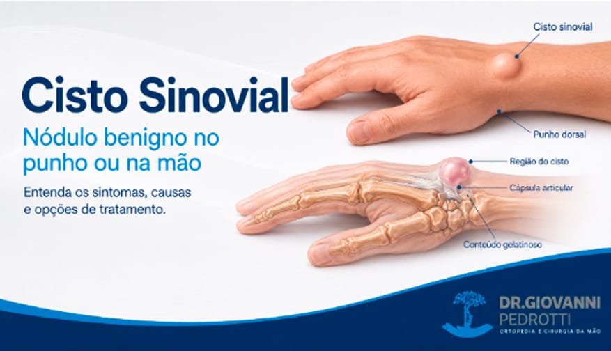 Ilustração anatômica de cisto sinovial no punho, mostrando nódulo benigno com conteúdo gelatinoso próximo à cápsula articular.