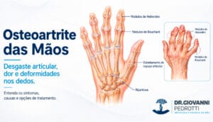 Ilustração anatômica da osteoartrite das mãos mostrando nódulos de Heberden, nódulos de Bouchard, estreitamento do espaço articular e rizartrose.