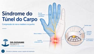 Ilustração anatômica da Síndrome do Túnel do Carpo mostrando compressão do nervo mediano no punho e área de formigamento nos dedos.