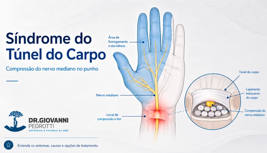 Ilustração anatômica da Síndrome do Túnel do Carpo mostrando compressão do nervo mediano no punho e área de formigamento nos dedos.